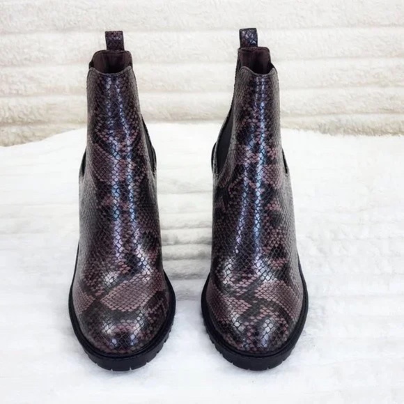 So Me  Brown Snake Print 4.25" Stacked Block Heel Slip On Ankle Boots - Picture 5 of 12